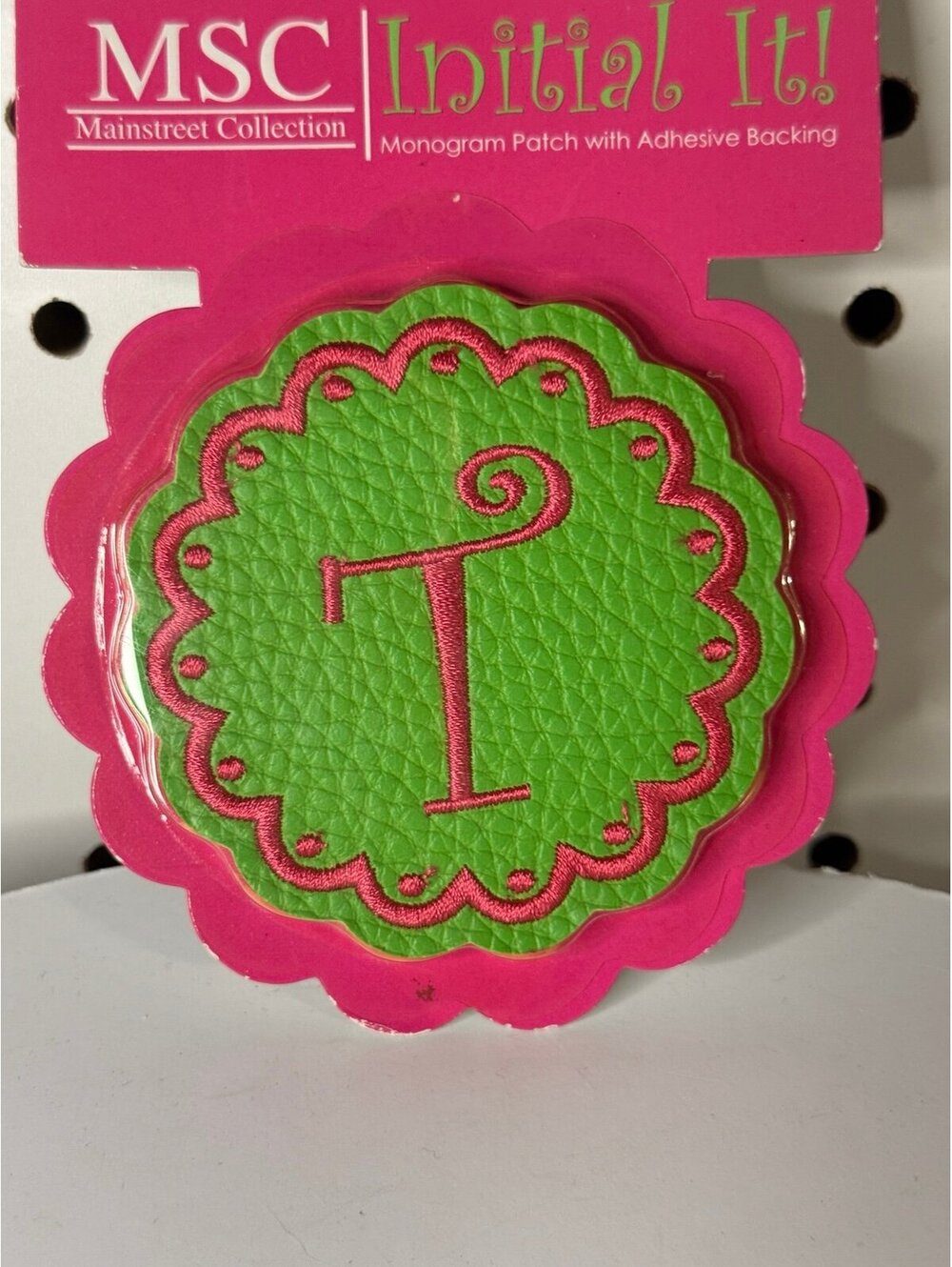 3 inch letter “ T “Monogram patch green with pink letter adhesive backing